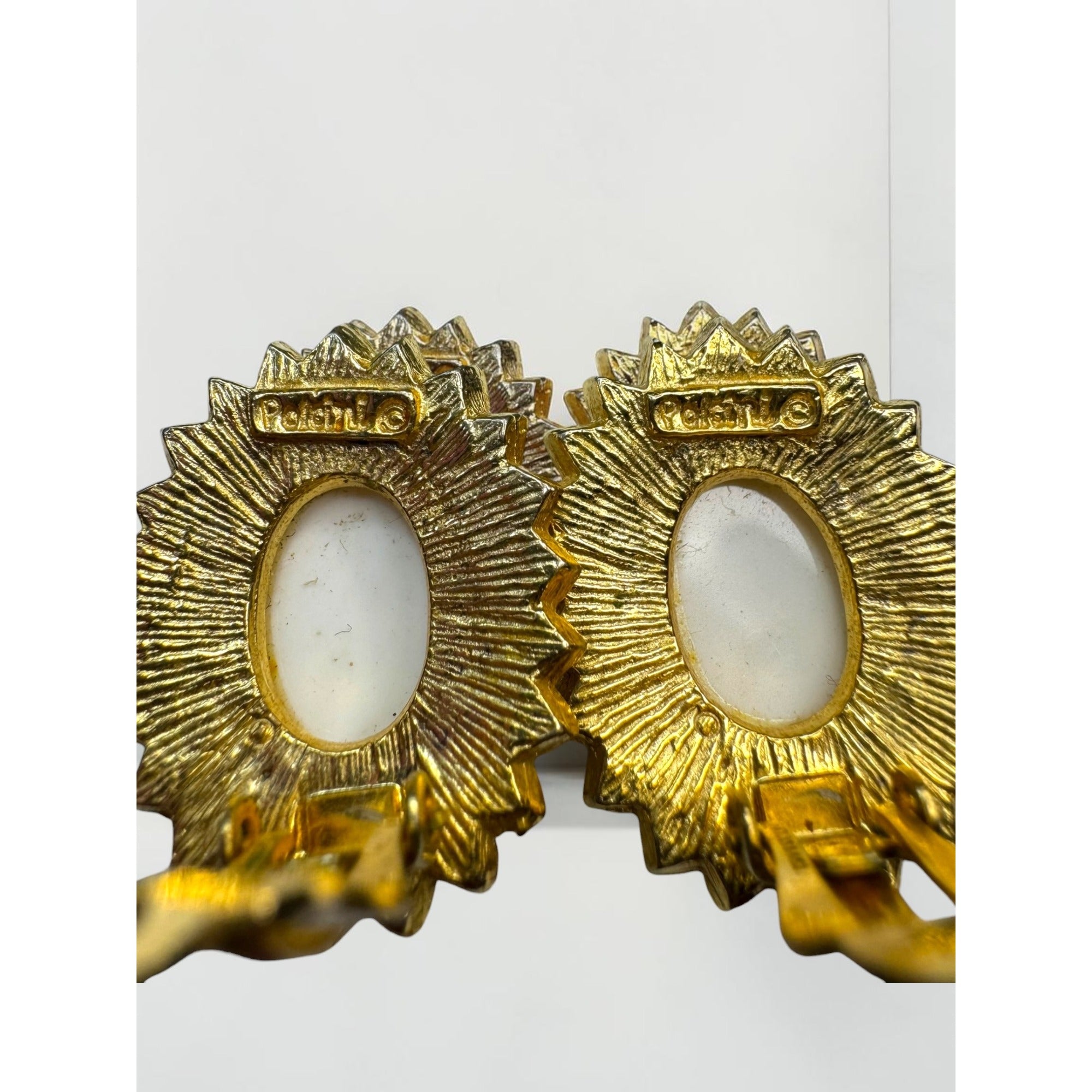 Polcini Clip On Earrings Gold Tone White Cabochon Sunflower Enamel Vintage