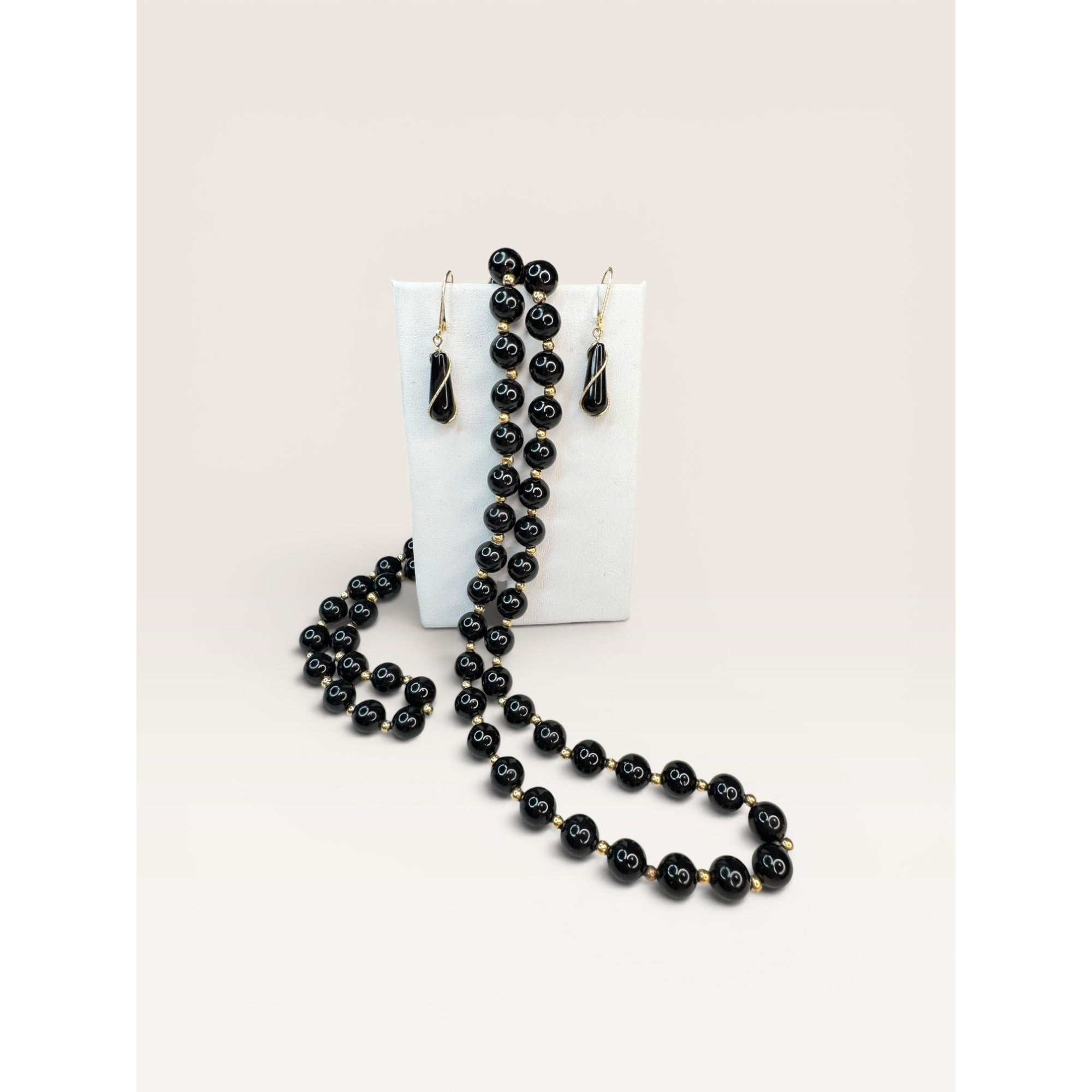 14K Gold Black Onyx Bead Necklace Earrings Set 24 Inch 585 Leverback Vintage