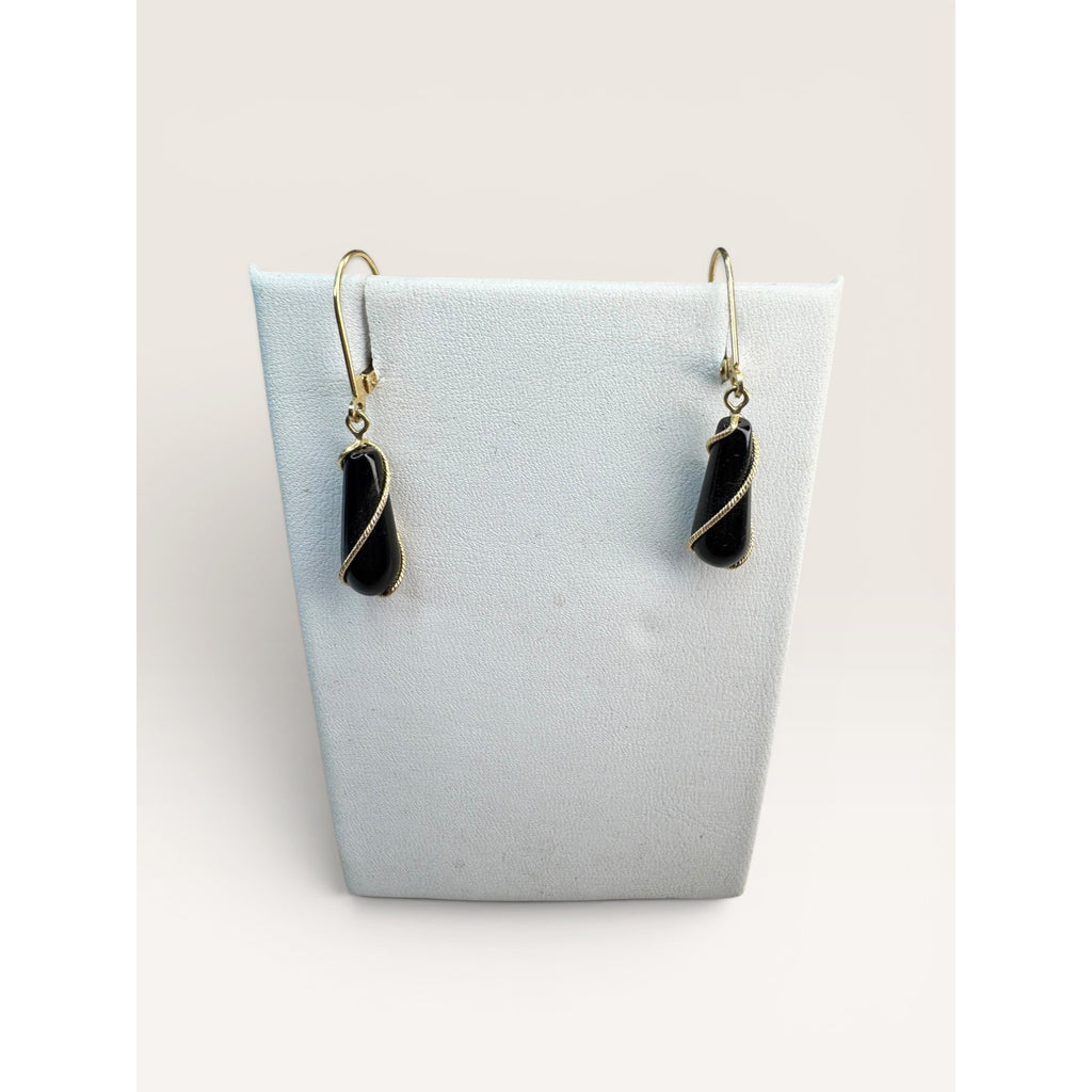 14K Gold Black Onyx Bead Necklace Earrings Set 24 Inch 585 Leverback Vintage