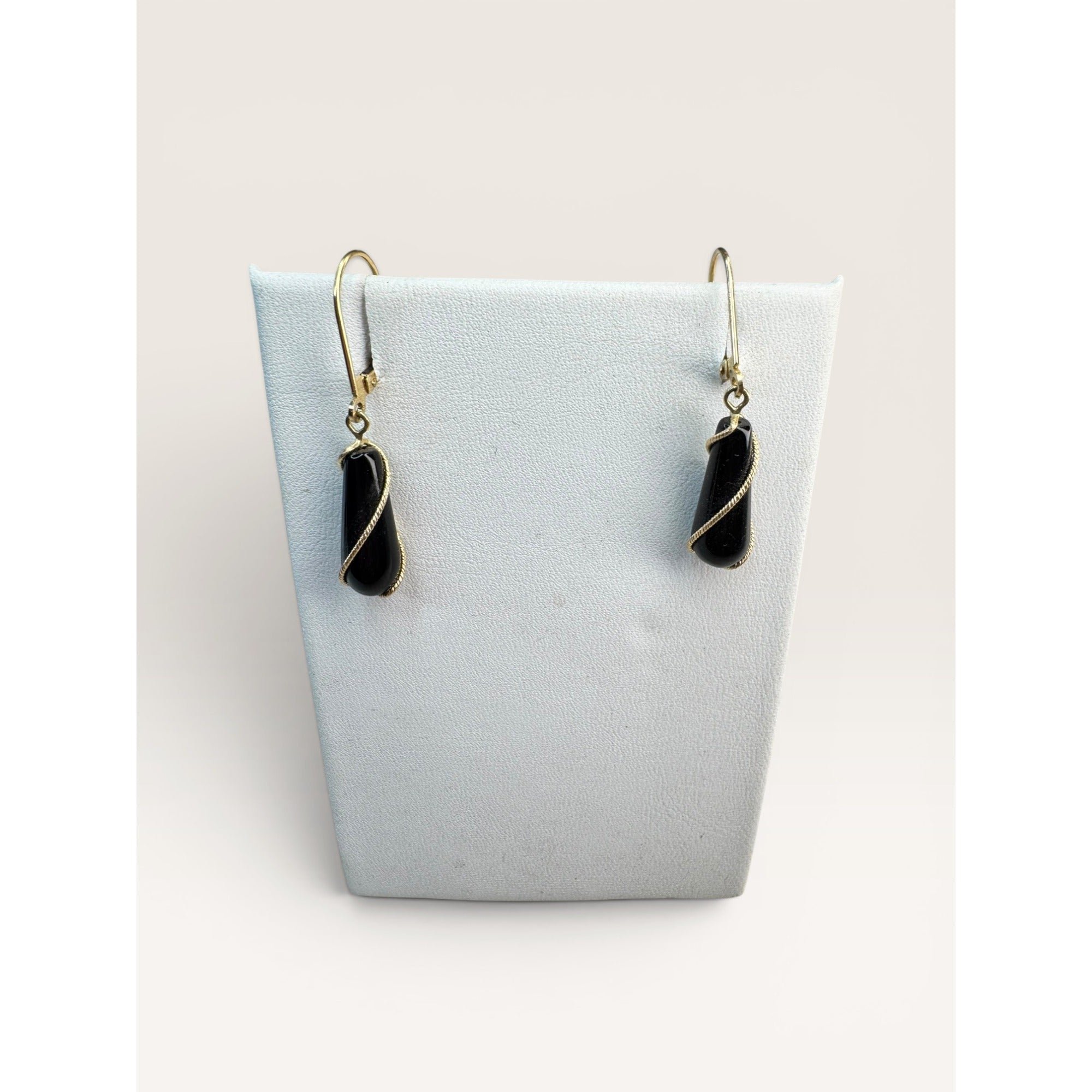 14K Gold Black Onyx Bead Necklace Earrings Set 24 Inch 585 Leverback Vintage