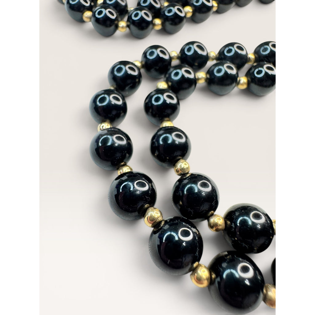 14K Gold Black Onyx Bead Necklace Earrings Set 24 Inch 585 Leverback Vintage