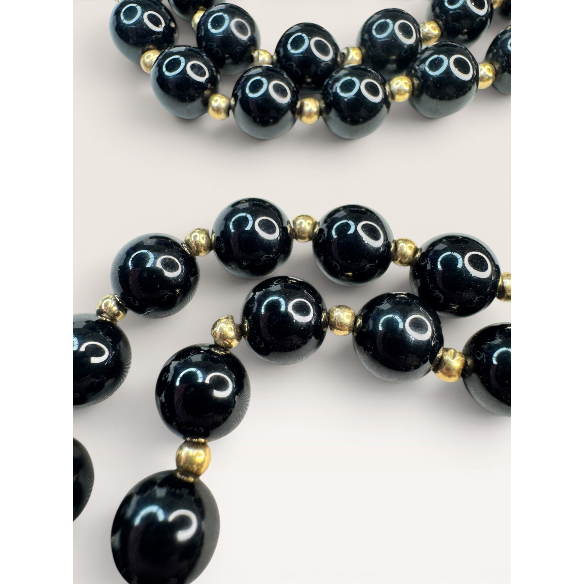 14K Gold Black Onyx Bead Necklace Earrings Set 24 Inch 585 Leverback Vintage
