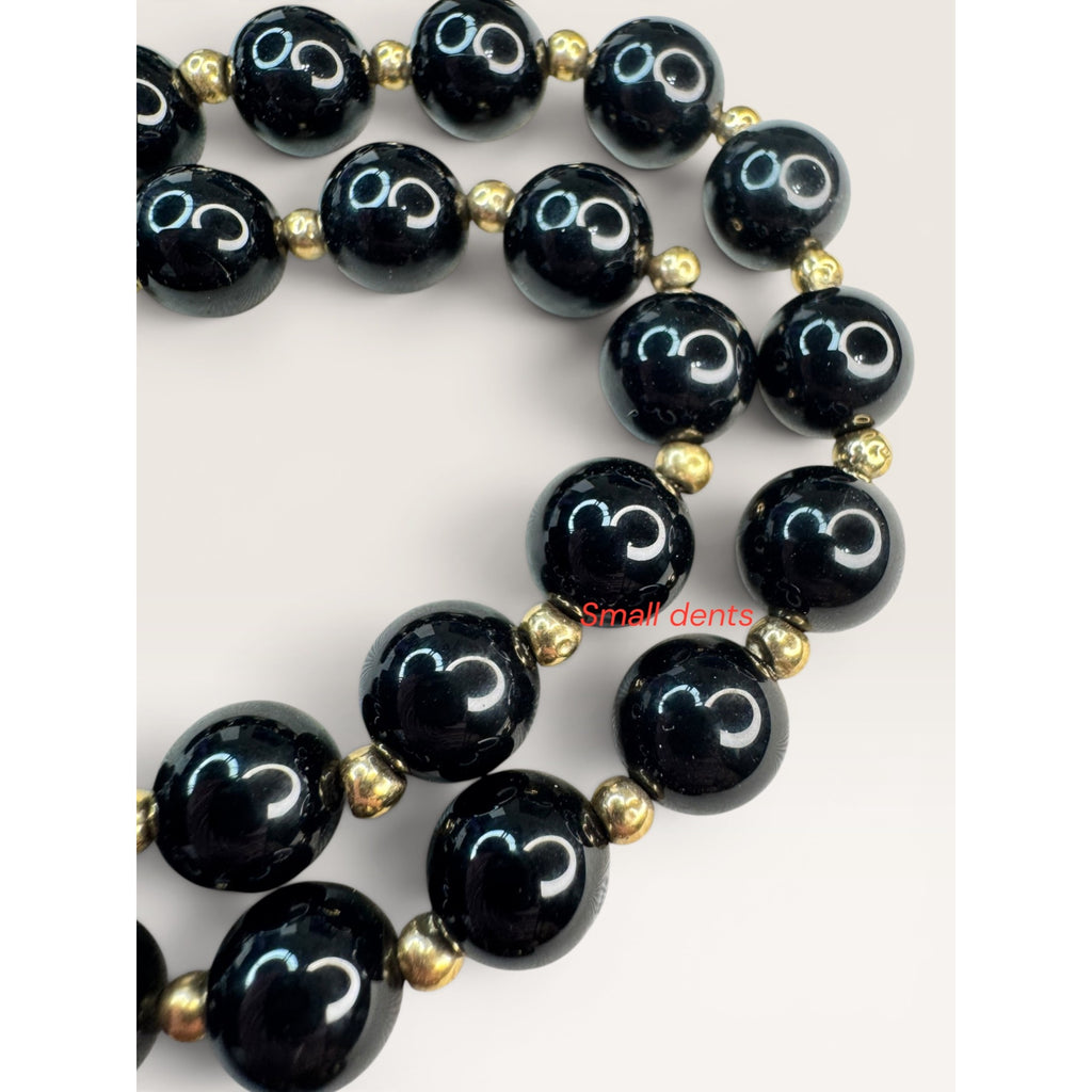 14K Gold Black Onyx Bead Necklace Earrings Set 24 Inch 585 Leverback Vintage