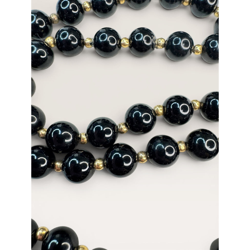 14K Gold Black Onyx Bead Necklace Earrings Set 24 Inch 585 Leverback Vintage