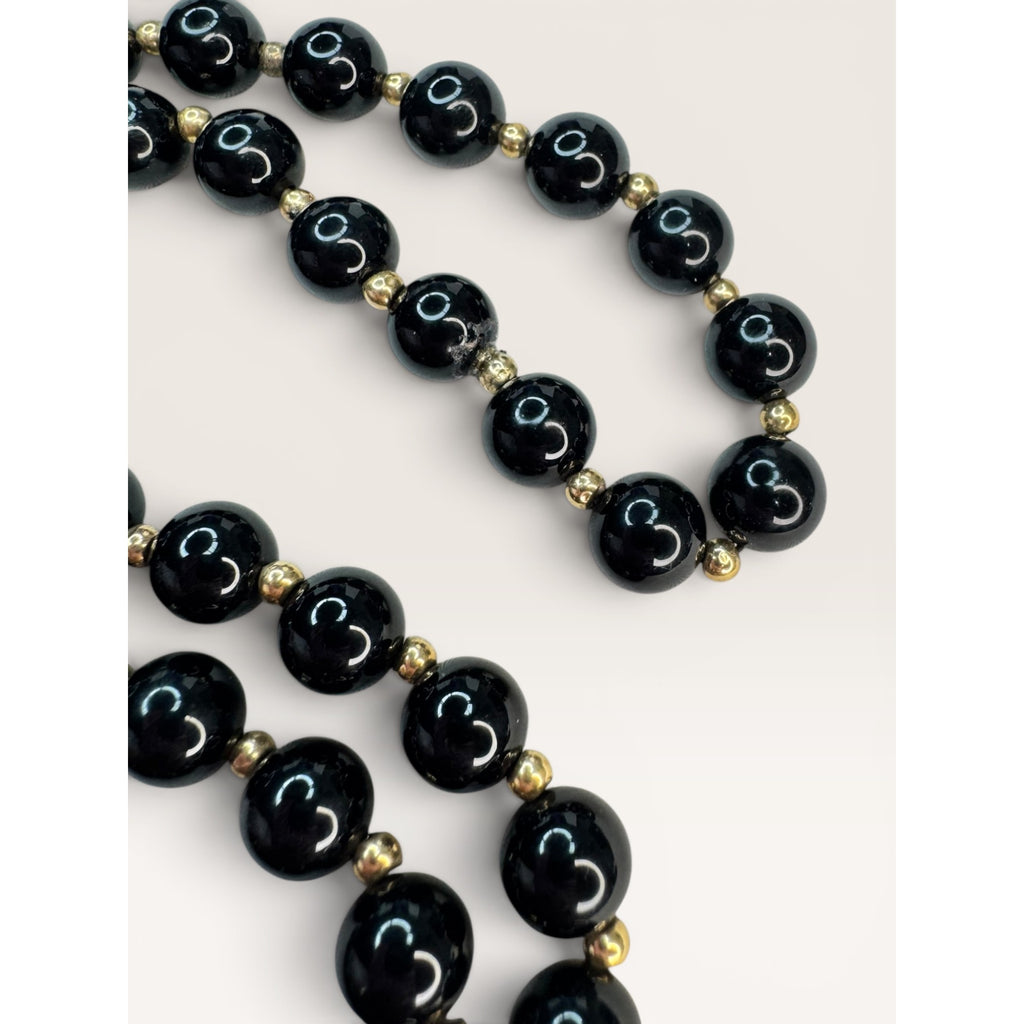14K Gold Black Onyx Bead Necklace Earrings Set 24 Inch 585 Leverback Vintage