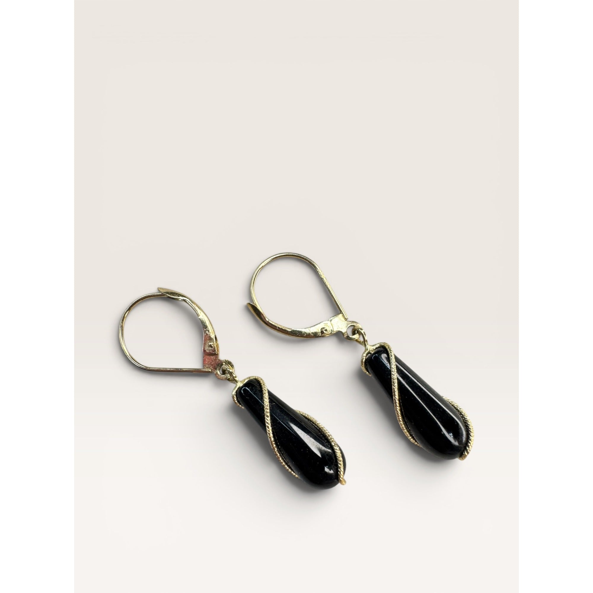 14K Gold Black Onyx Bead Necklace Earrings Set 24 Inch 585 Leverback Vintage