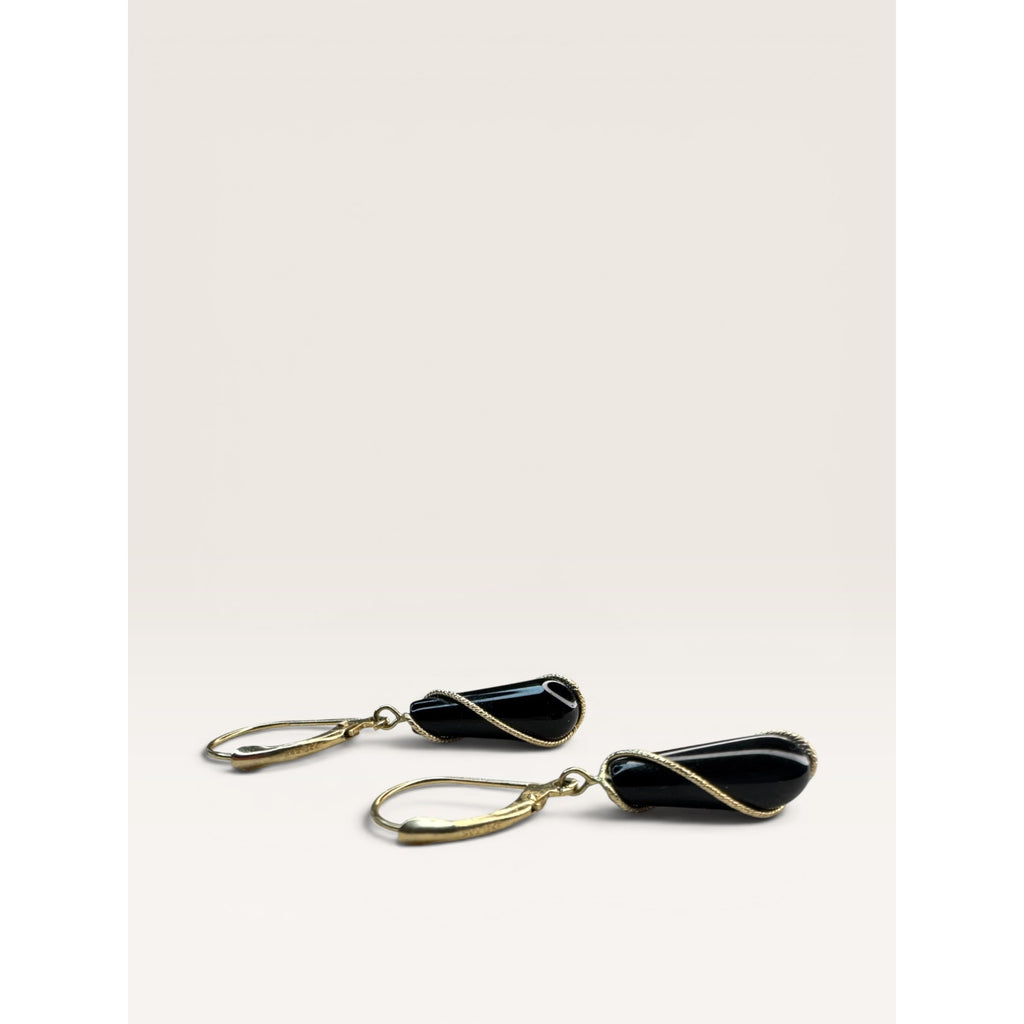 14K Gold Black Onyx Bead Necklace Earrings Set 24 Inch 585 Leverback Vintage
