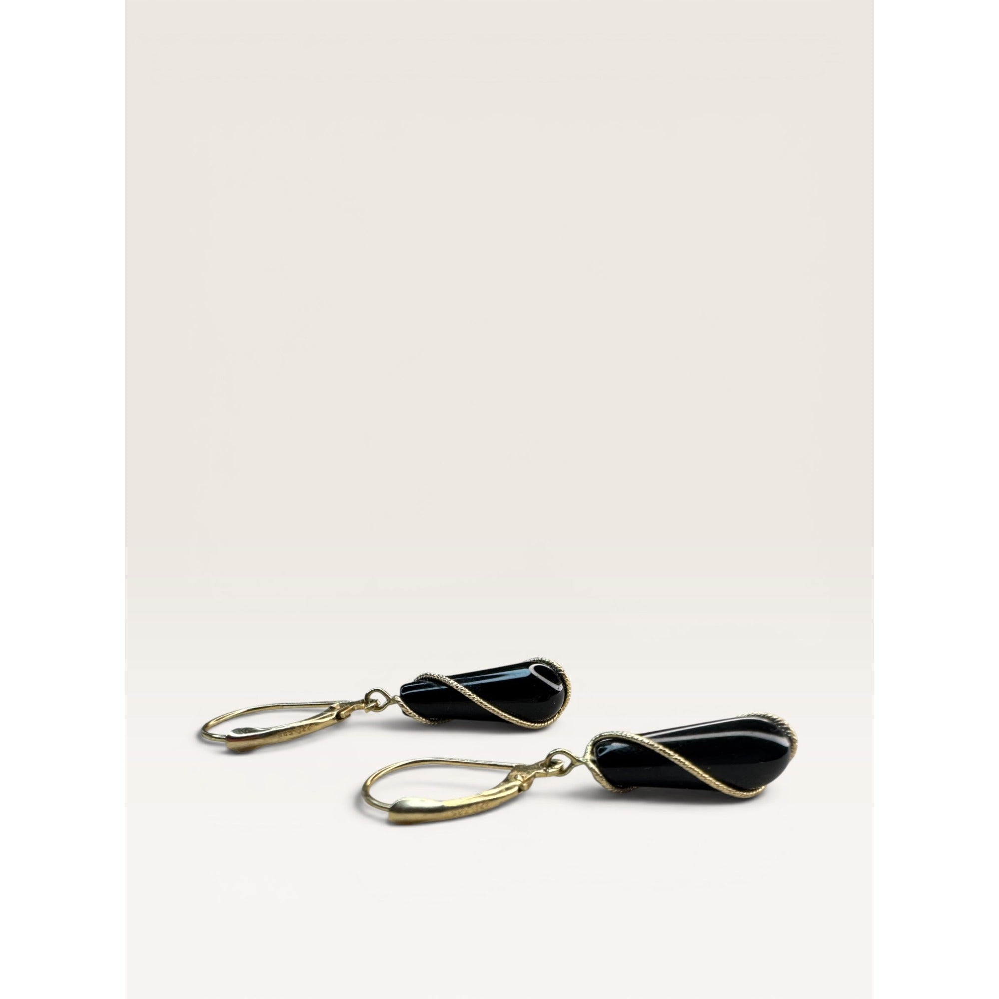 14K Gold Black Onyx Bead Necklace Earrings Set 24 Inch 585 Leverback Vintage