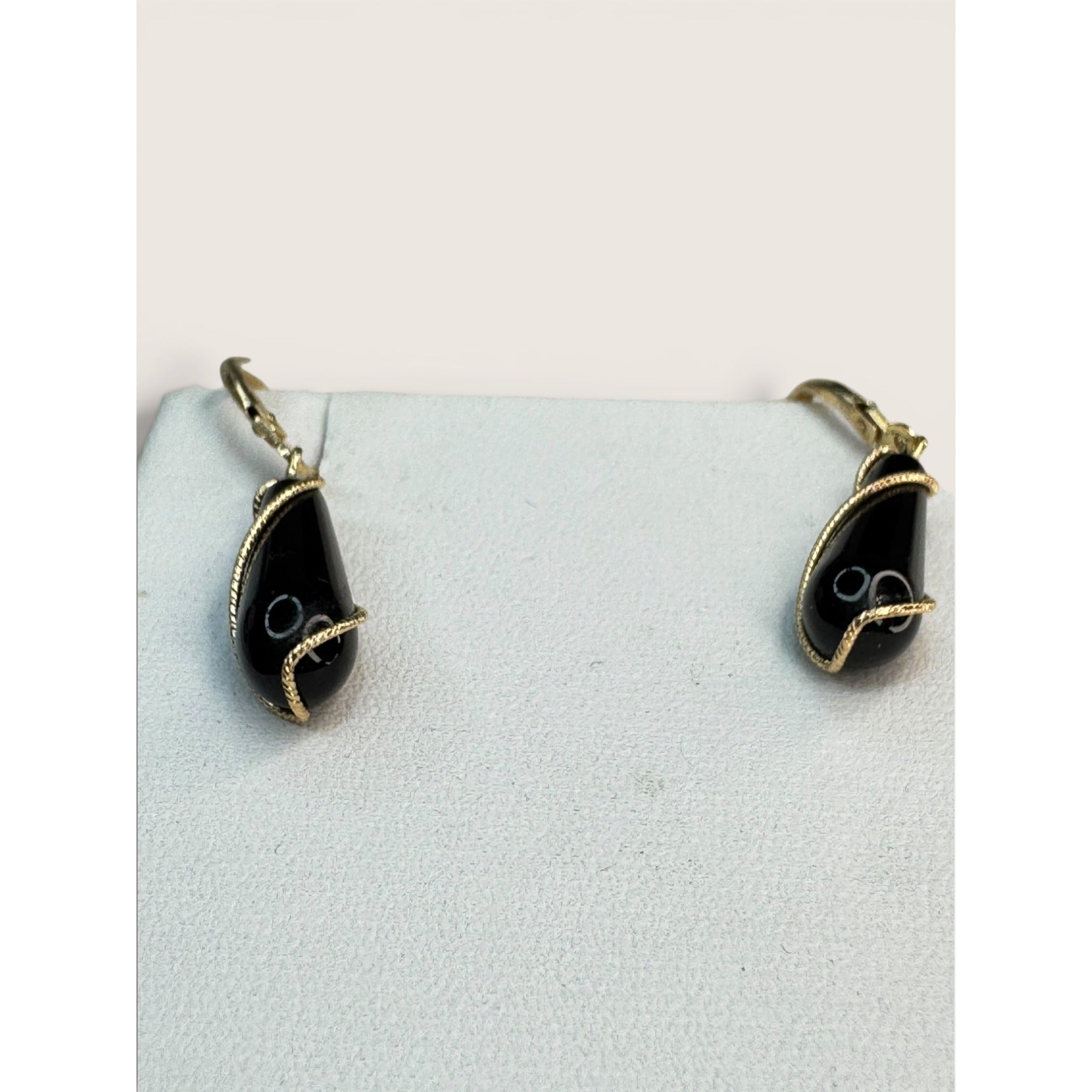 14K Gold Black Onyx Bead Necklace Earrings Set 24 Inch 585 Leverback Vintage