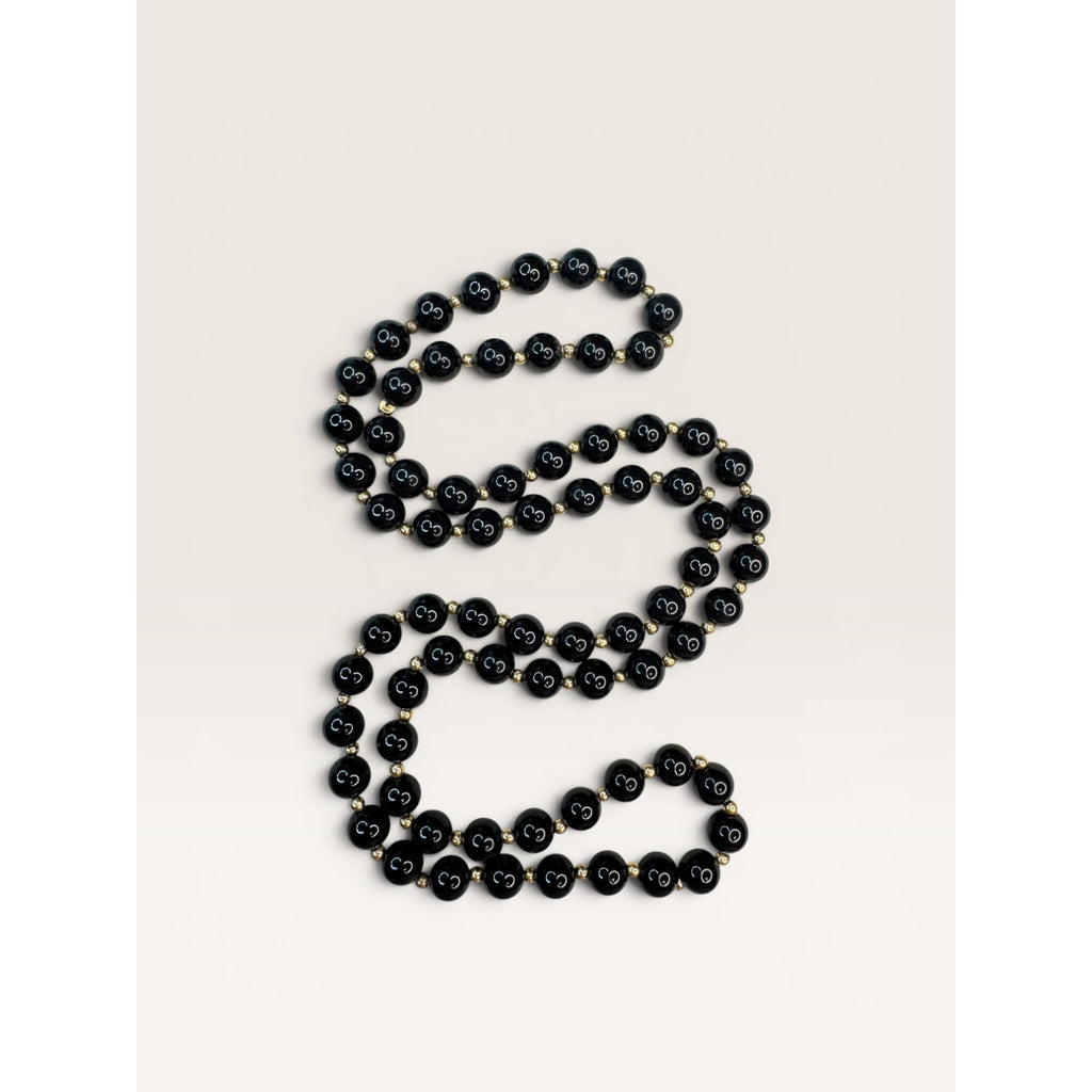 14K Gold Black Onyx Bead Necklace Earrings Set 24 Inch 585 Leverback Vintage