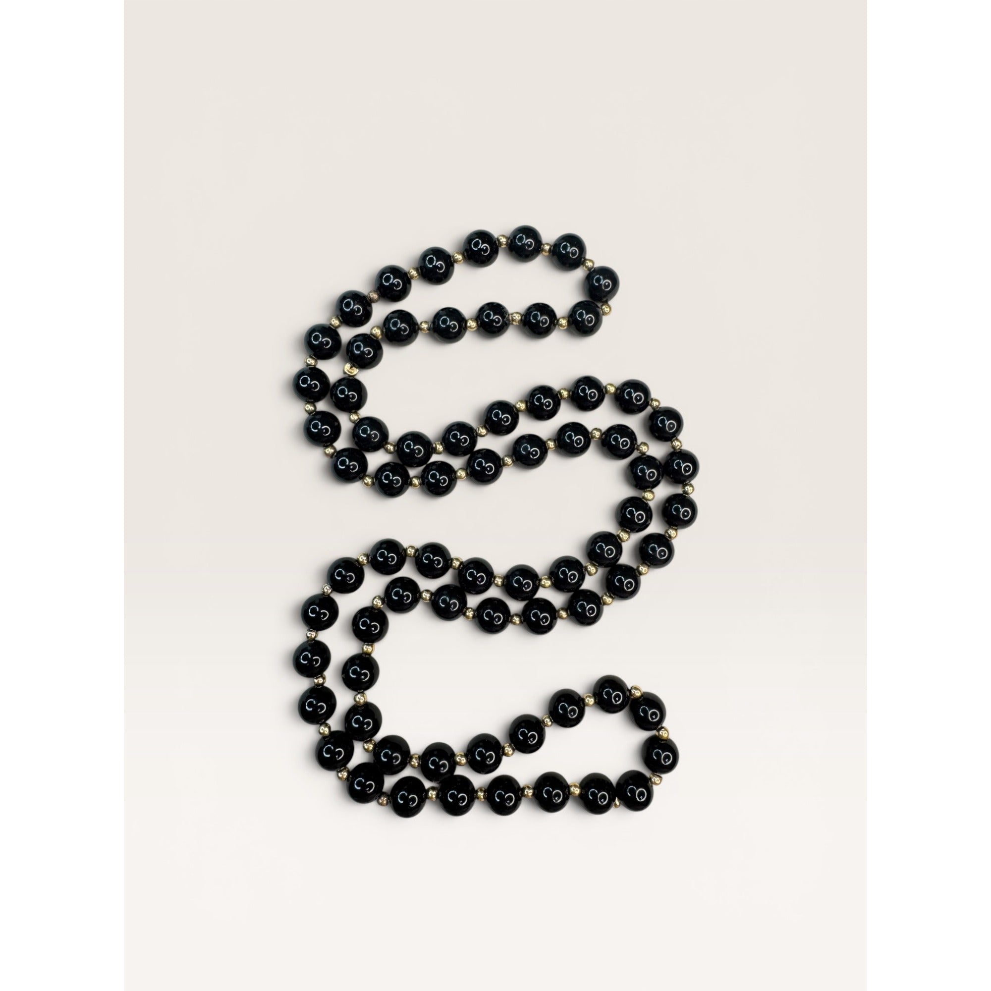 14K Gold Black Onyx Bead Necklace Earrings Set 24 Inch 585 Leverback Vintage