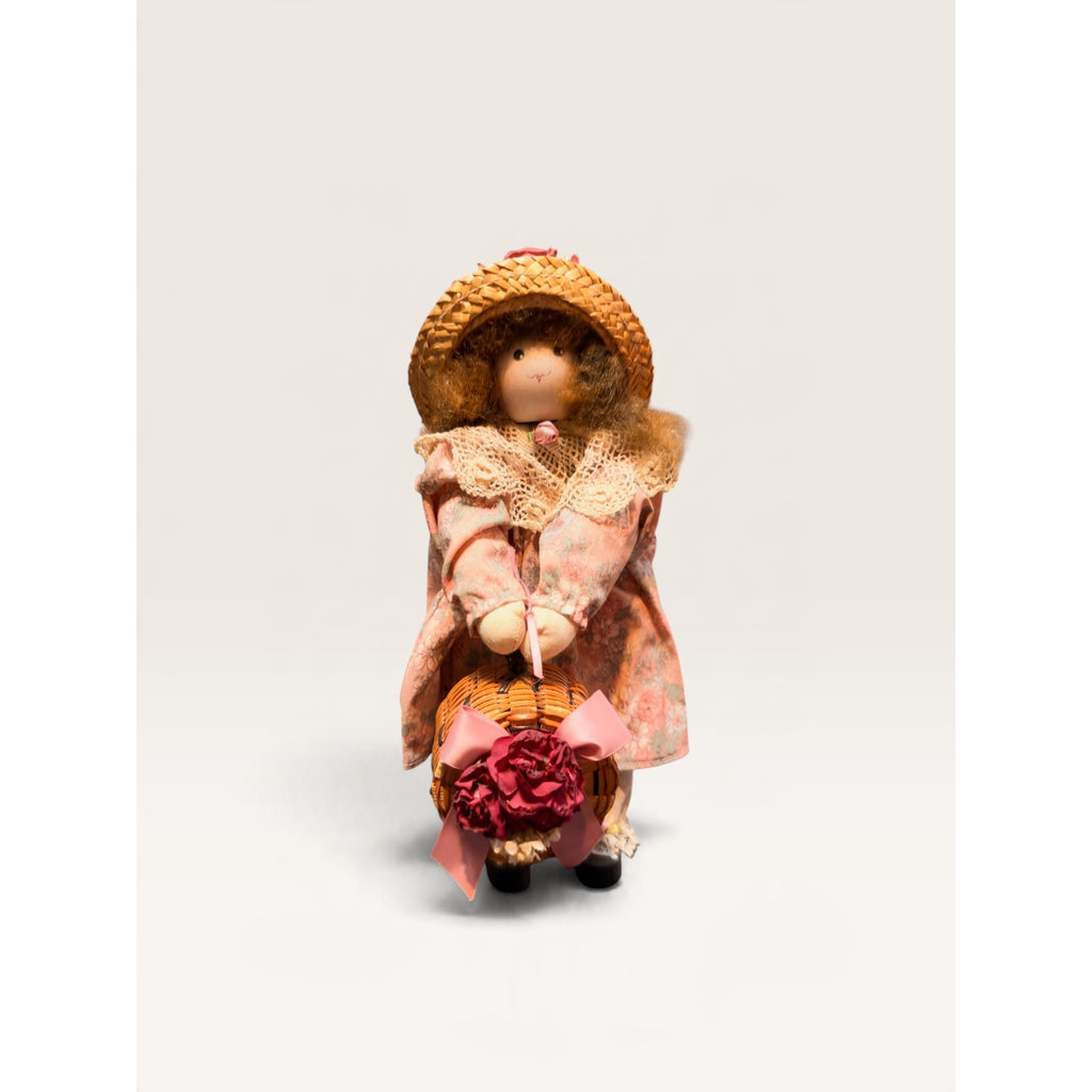 Vintage Straw Hat Floral Dress Doll with Basket 11.5 Inch