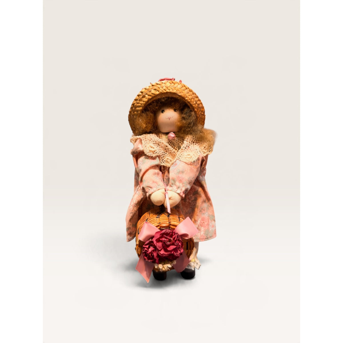 Vintage Straw Hat Floral Dress Doll with Basket 11.5 Inch