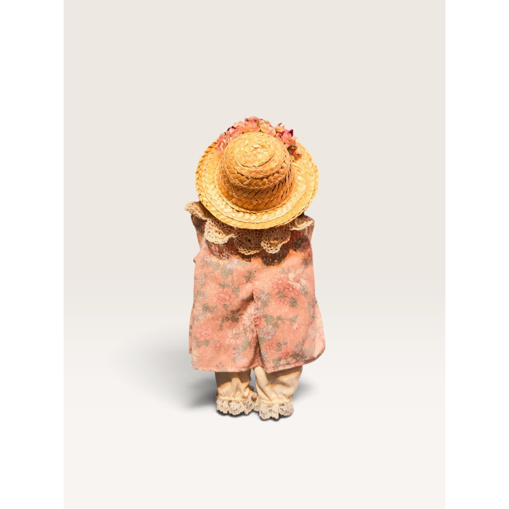 Vintage Straw Hat Floral Dress Doll with Basket 11.5 Inch