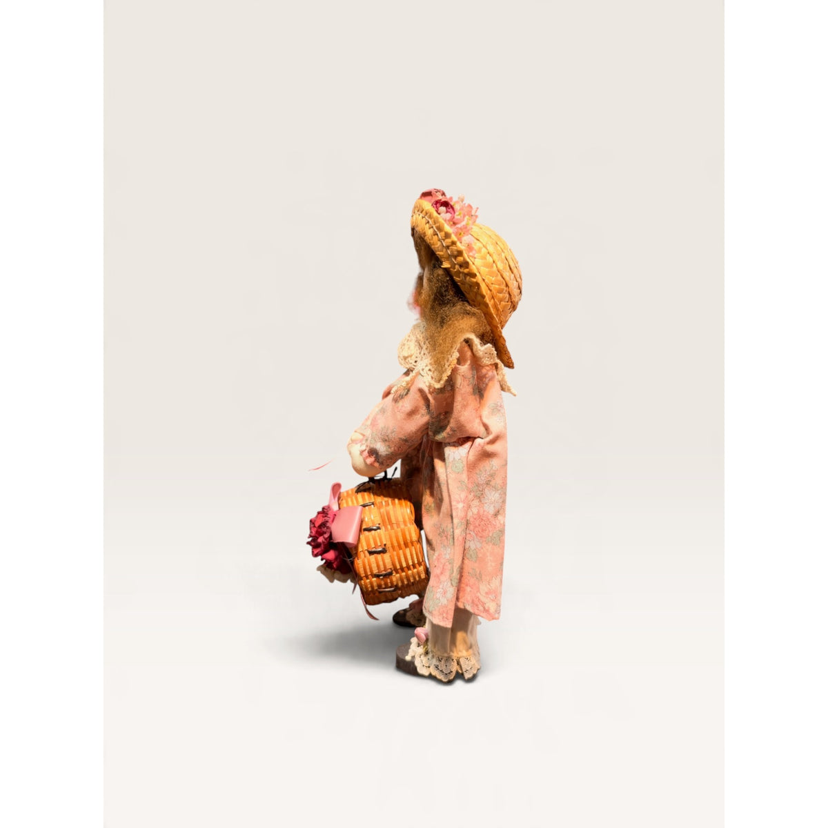 Vintage Straw Hat Floral Dress Doll with Basket 11.5 Inch