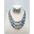 Japan Faux Pearl Blue Crystal Necklace Earrings Set 1950s Vintage