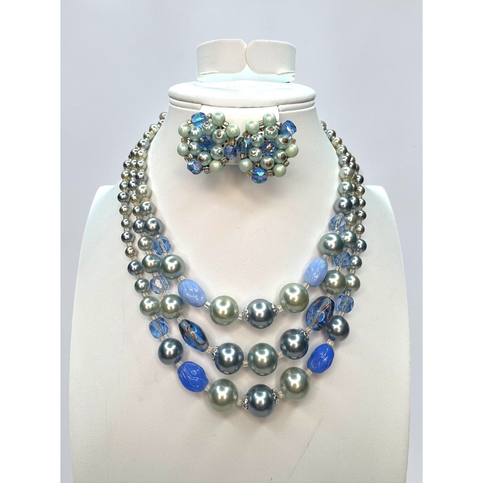 Japan Faux Pearl Blue Crystal Necklace Earrings Set 1950s Vintage