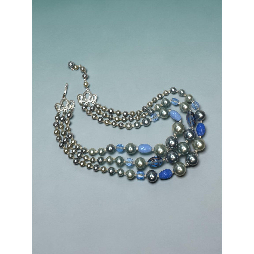 Japan Faux Pearl Blue Crystal Necklace Earrings Set 1950s Vintage