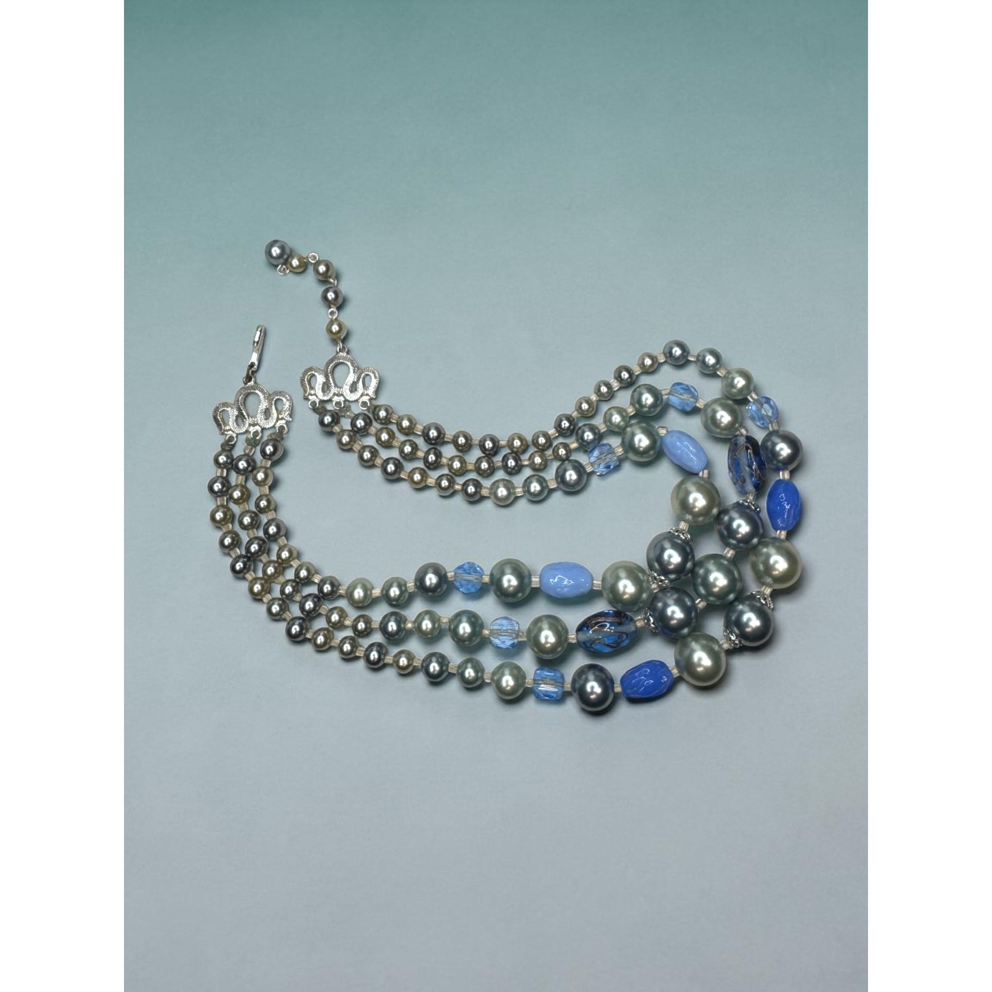 Japan Faux Pearl Blue Crystal Necklace Earrings Set 1950s Vintage