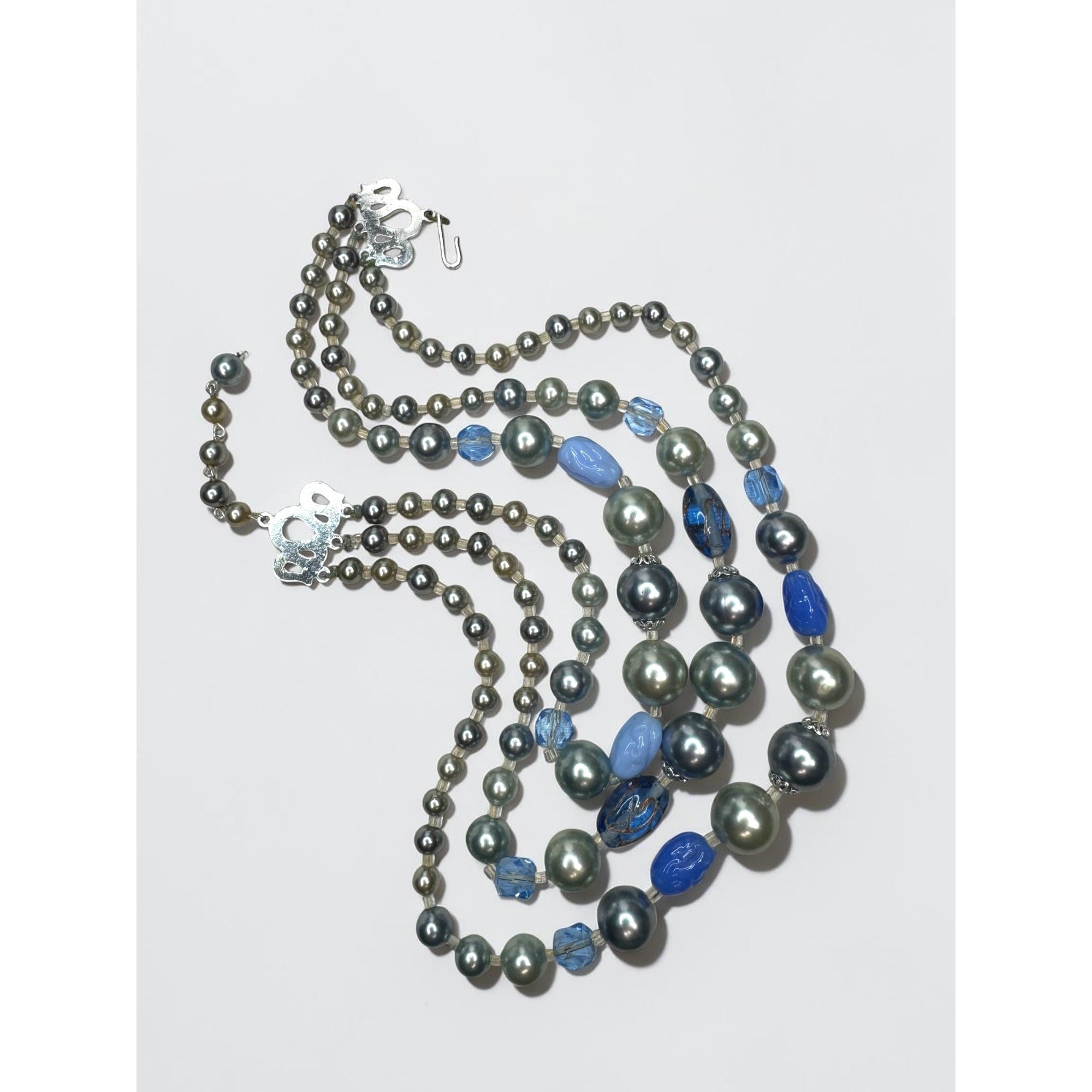 Japan Faux Pearl Blue Crystal Necklace Earrings Set 1950s Vintage
