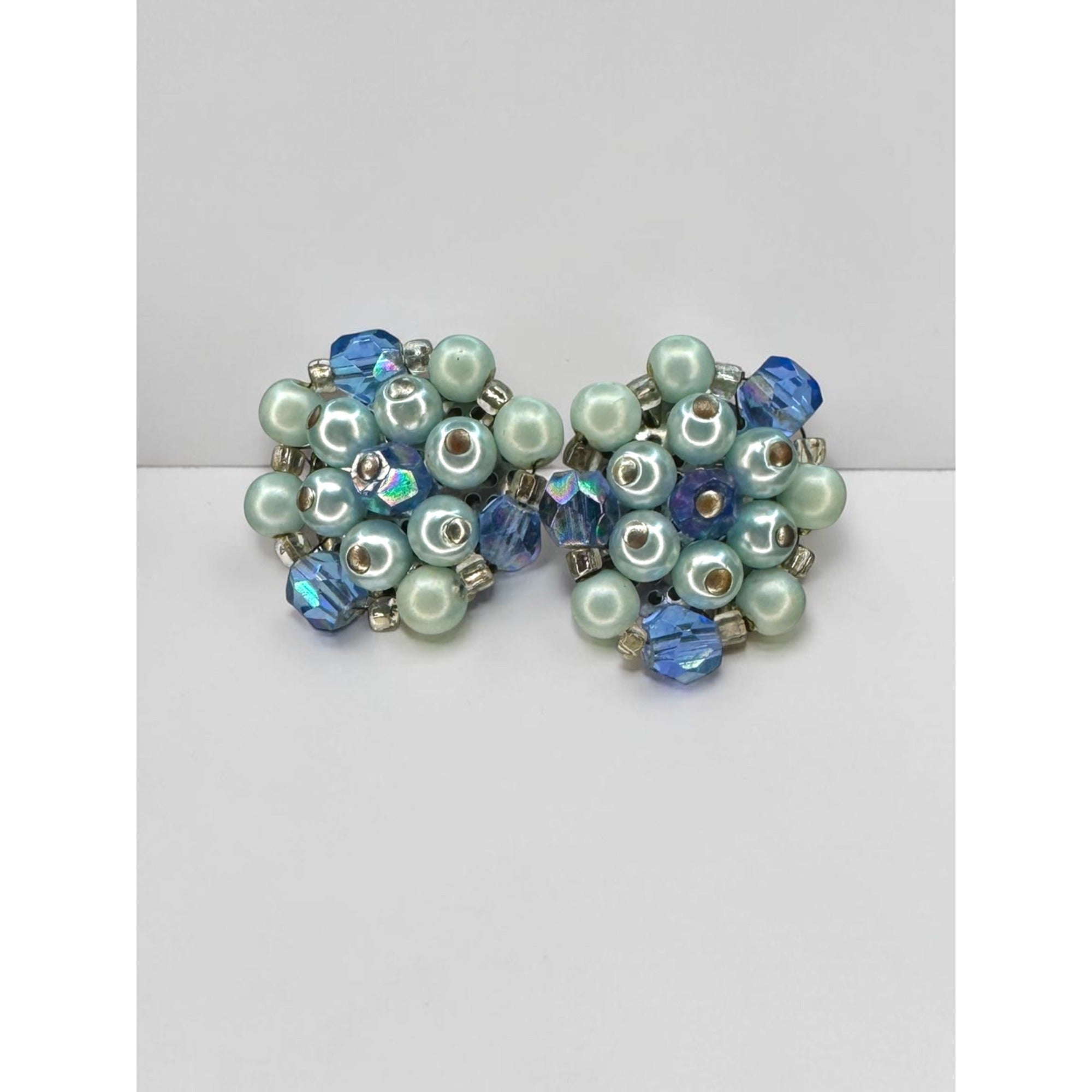 Japan Faux Pearl Blue Crystal Necklace Earrings Set 1950s Vintage