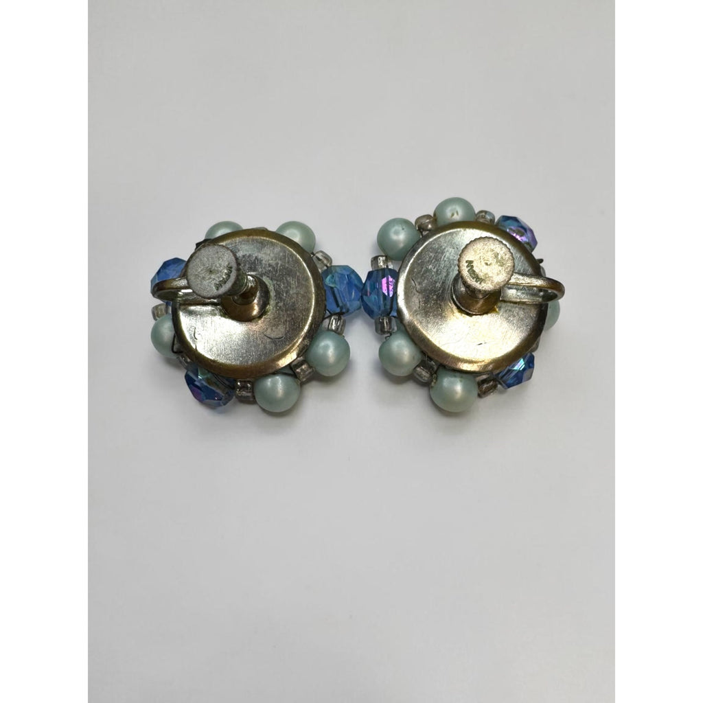 Japan Faux Pearl Blue Crystal Necklace Earrings Set 1950s Vintage