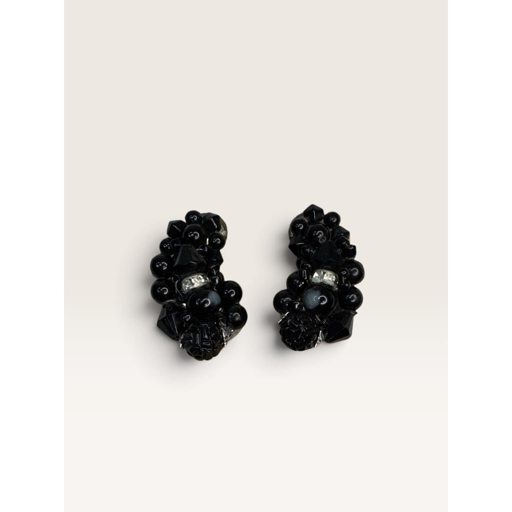 1950s Japan Black Beaded Rhinestone Cluster Crescent Clip Earrings 1.42" Vintage
