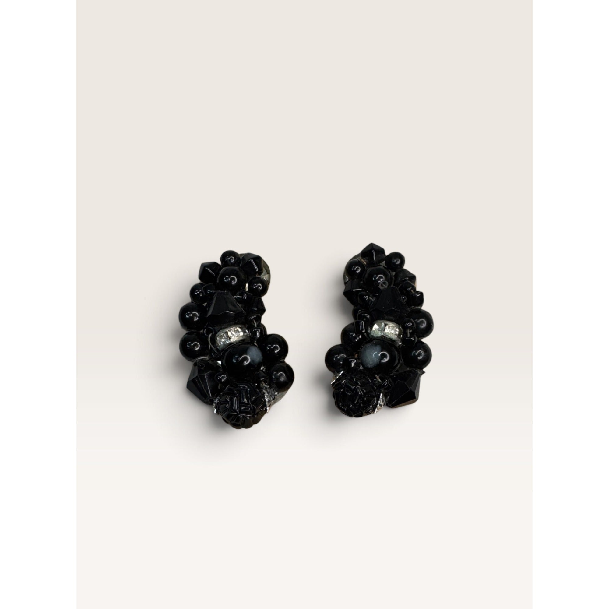 1950s Japan Black Beaded Rhinestone Cluster Crescent Clip Earrings 1.42" Vintage