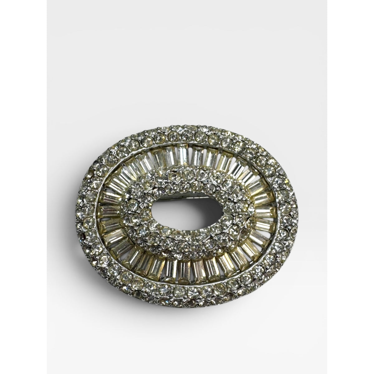 Oval Crystal Brooch Silver Tone Open Center Pin Vintage 1950s