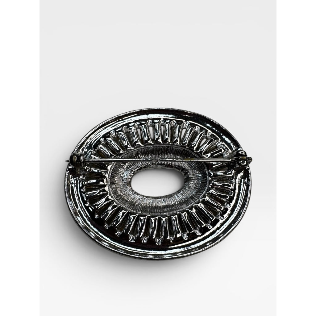 Oval Crystal Brooch Silver Tone Open Center Pin Vintage 1950s