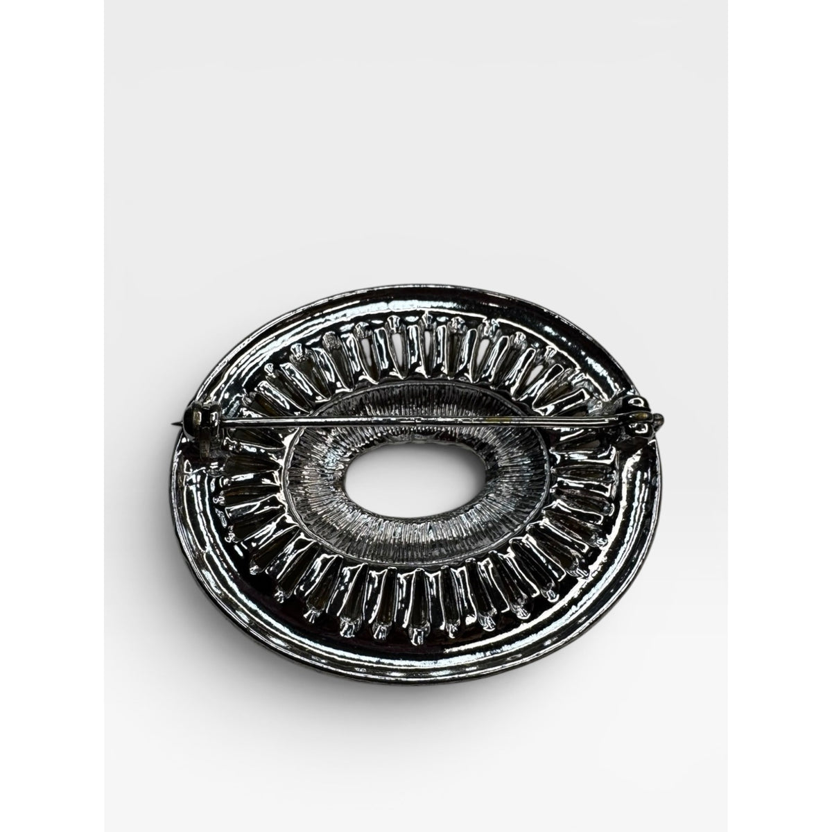 Oval Crystal Brooch Silver Tone Open Center Pin Vintage 1950s