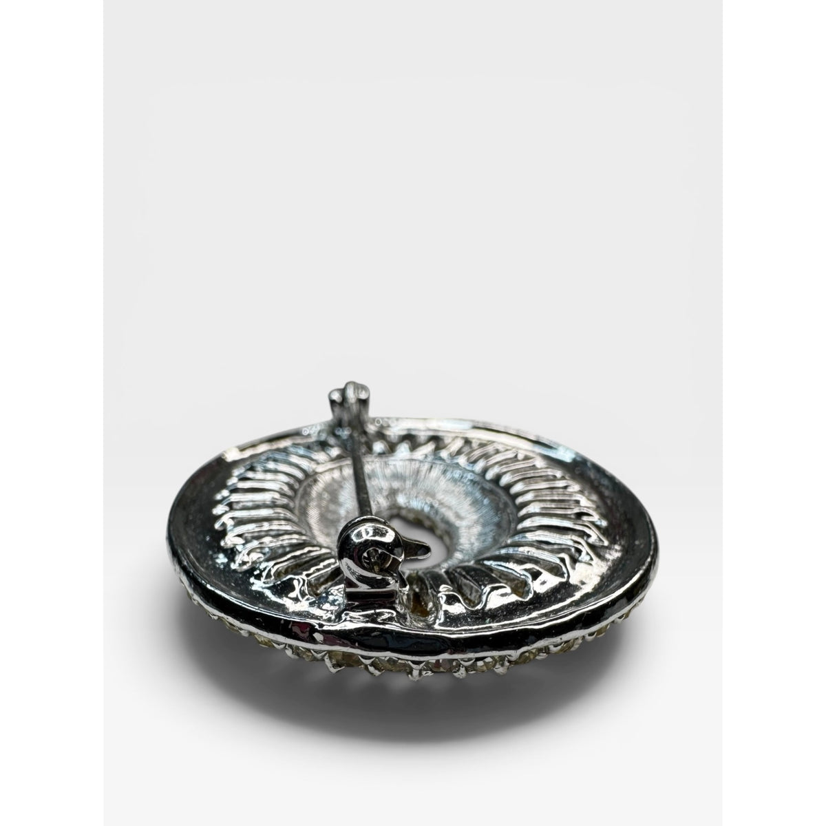 Oval Crystal Brooch Silver Tone Open Center Pin Vintage 1950s