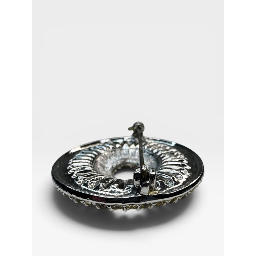 Oval Crystal Brooch Silver Tone Open Center Pin Vintage 1950s