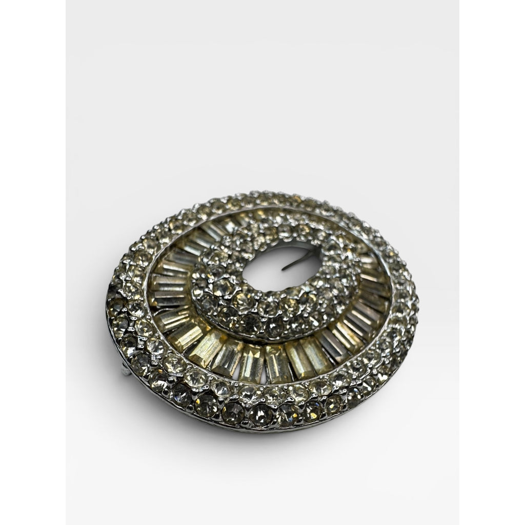 Oval Crystal Brooch Silver Tone Open Center Pin Vintage 1950s