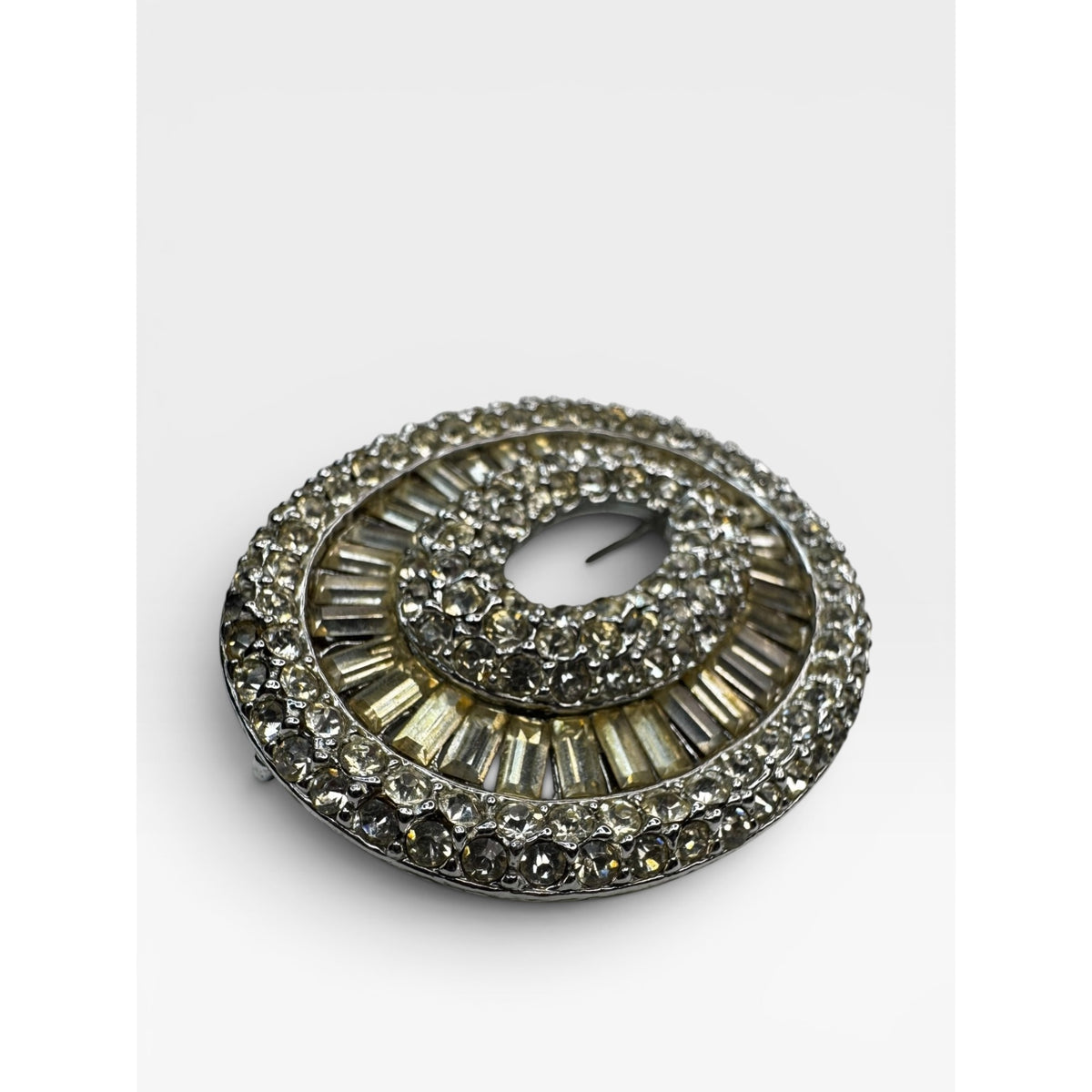 Oval Crystal Brooch Silver Tone Open Center Pin Vintage 1950s