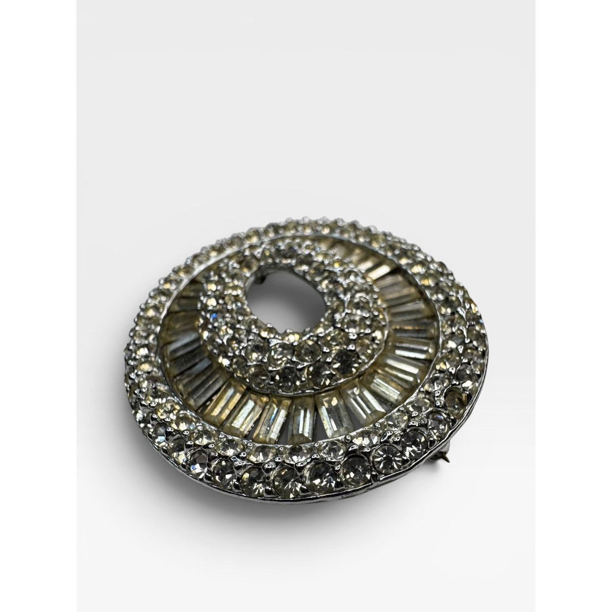 Oval Crystal Brooch Silver Tone Open Center Pin Vintage 1950s