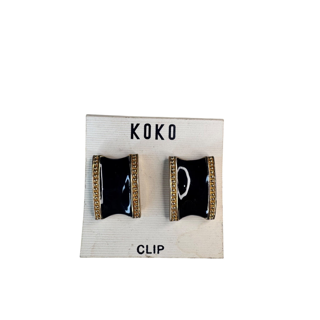 KOKO Clip On Earrings Black Enamel Gold Statement 1990s Vintage