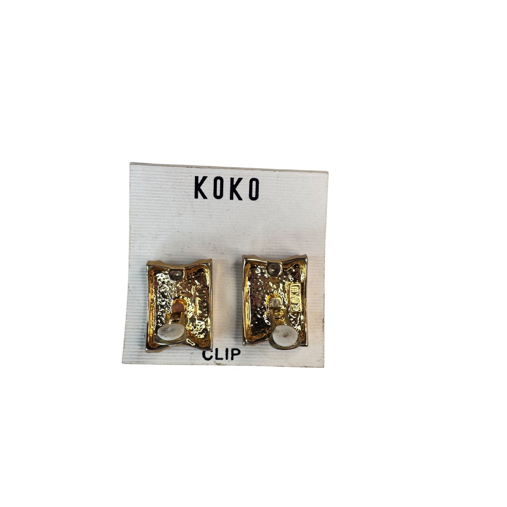 KOKO Clip On Earrings Black Enamel Gold Statement 1990s Vintage