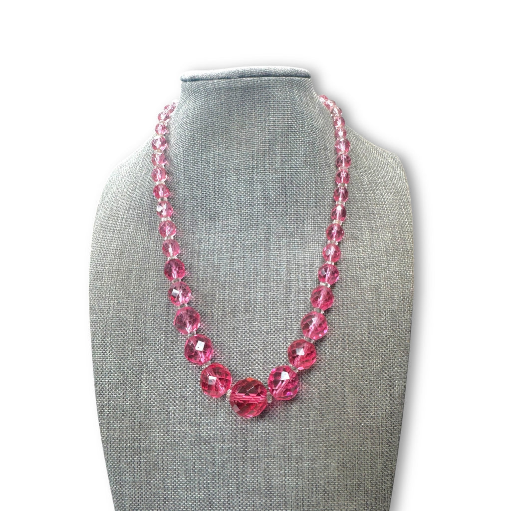 Japan Pink Faceted Crystal Graduated Beaded Necklace 16.5" Mid Century Vintage