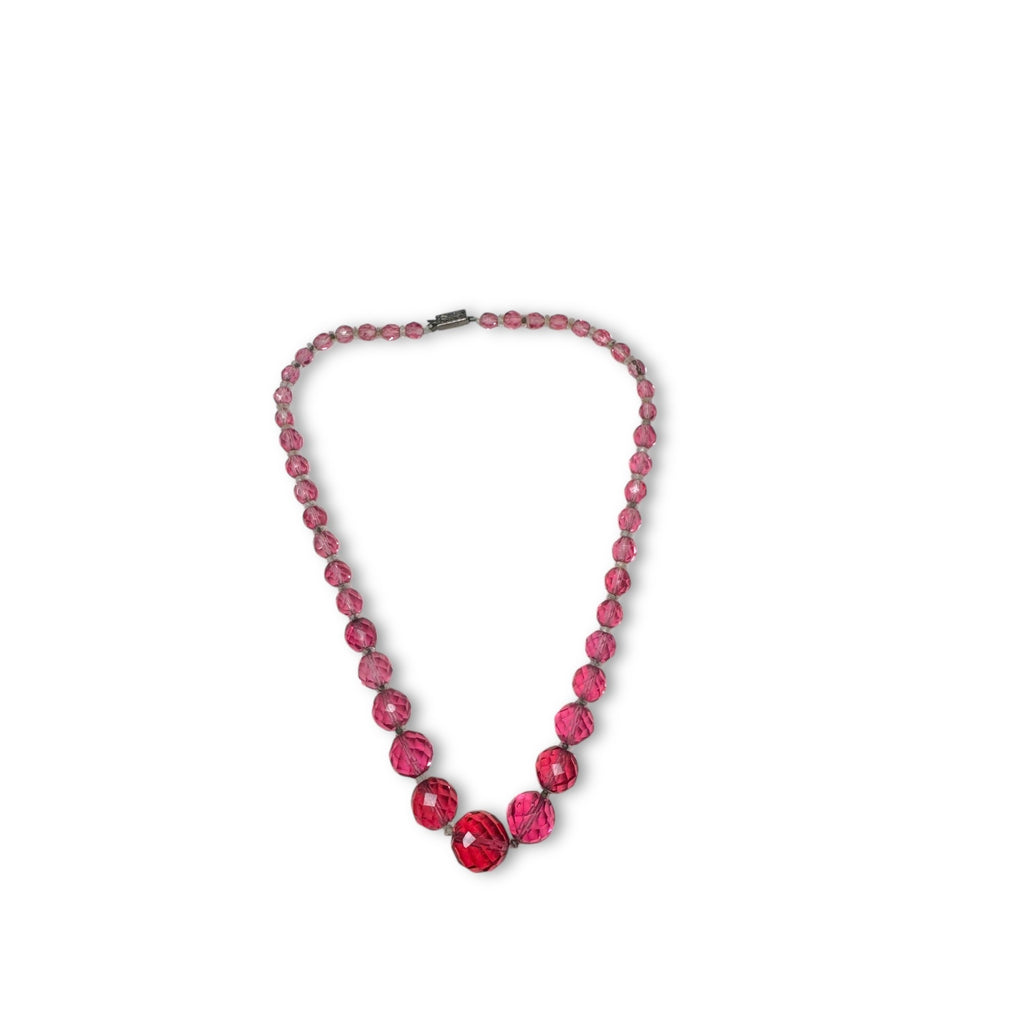 Japan Pink Faceted Crystal Graduated Beaded Necklace 16.5" Mid Century Vintage