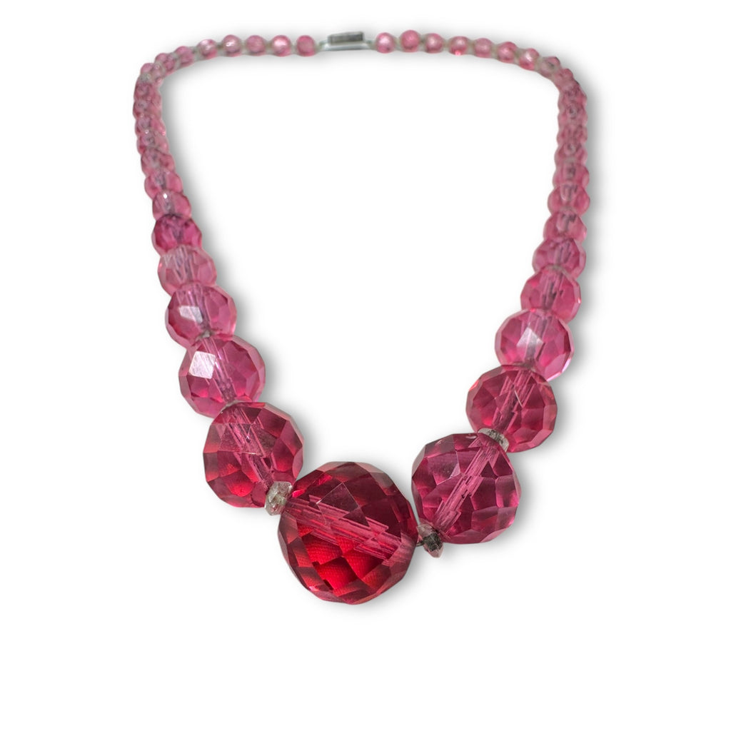 Japan Pink Faceted Crystal Graduated Beaded Necklace 16.5" Mid Century Vintage