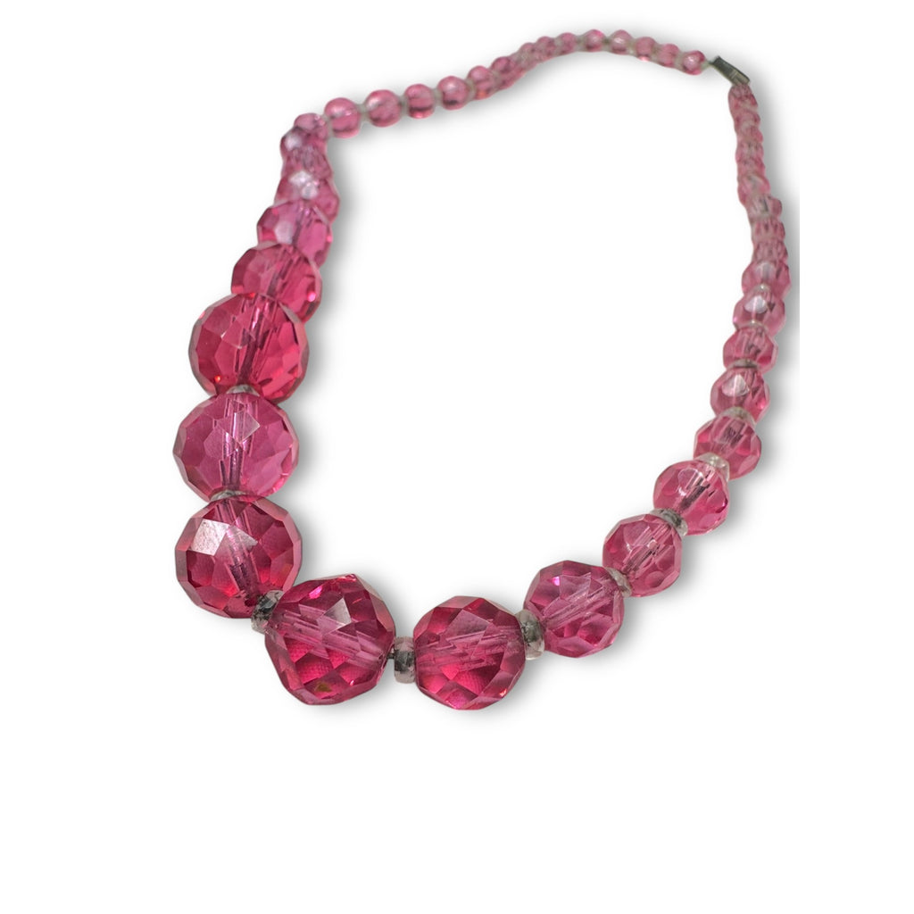 Japan Pink Faceted Crystal Graduated Beaded Necklace 16.5" Mid Century Vintage