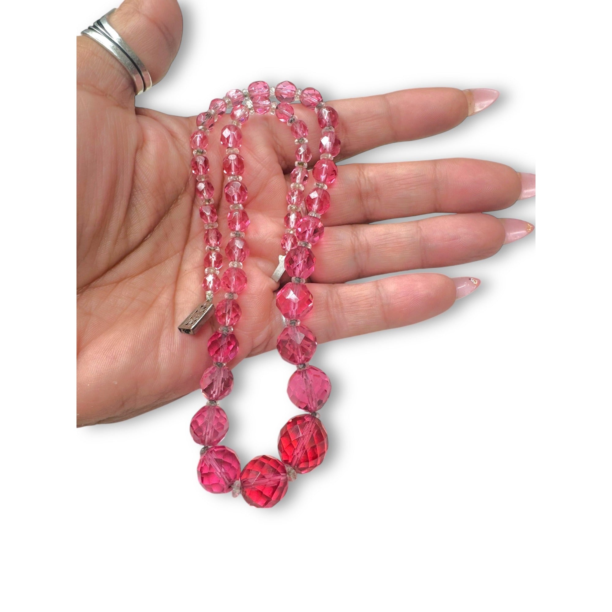 Japan Pink Faceted Crystal Graduated Beaded Necklace 16.5" Mid Century Vintage