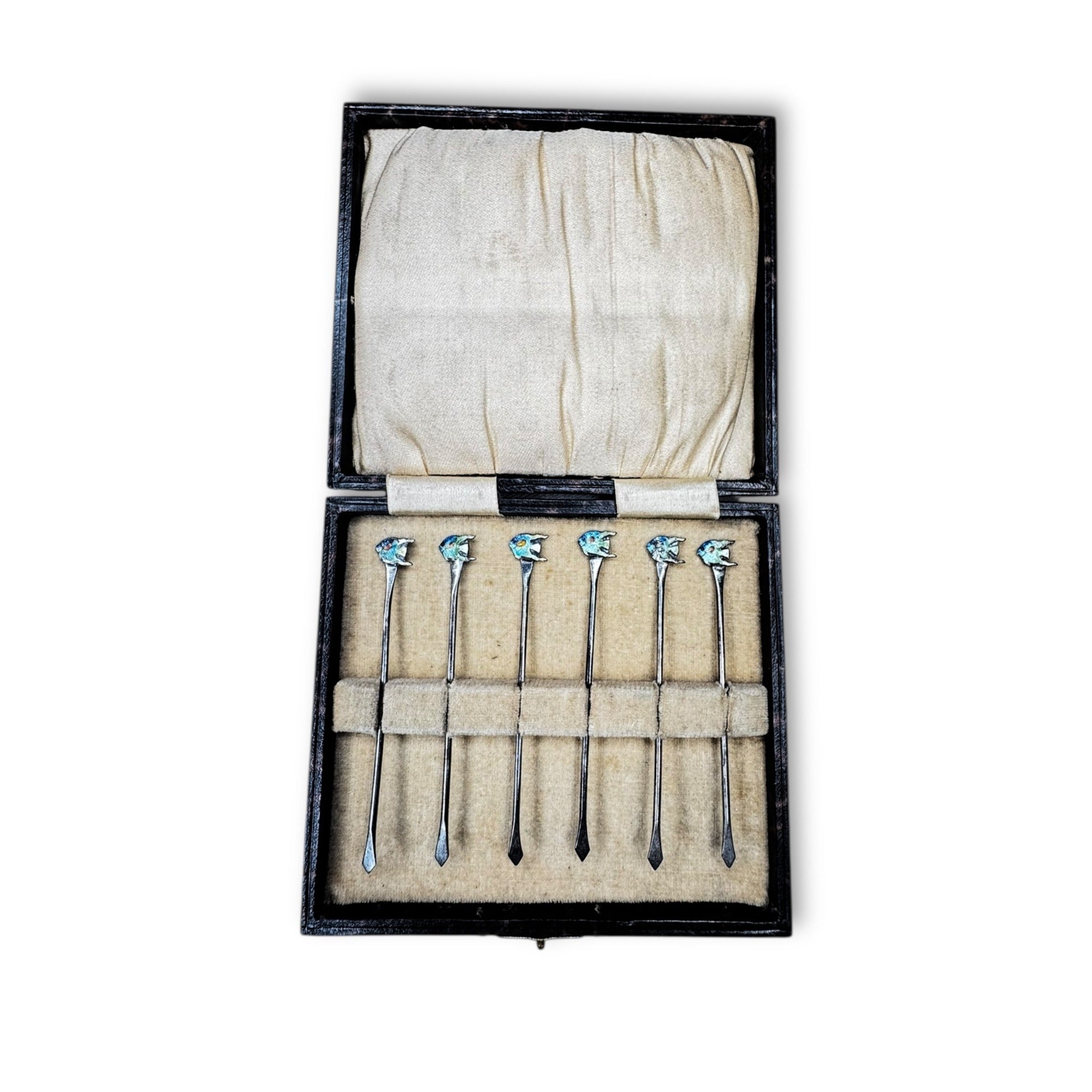 English Sterling Silver Fish Cocktail Picks Set of 6 Boxed Birmingham Lion