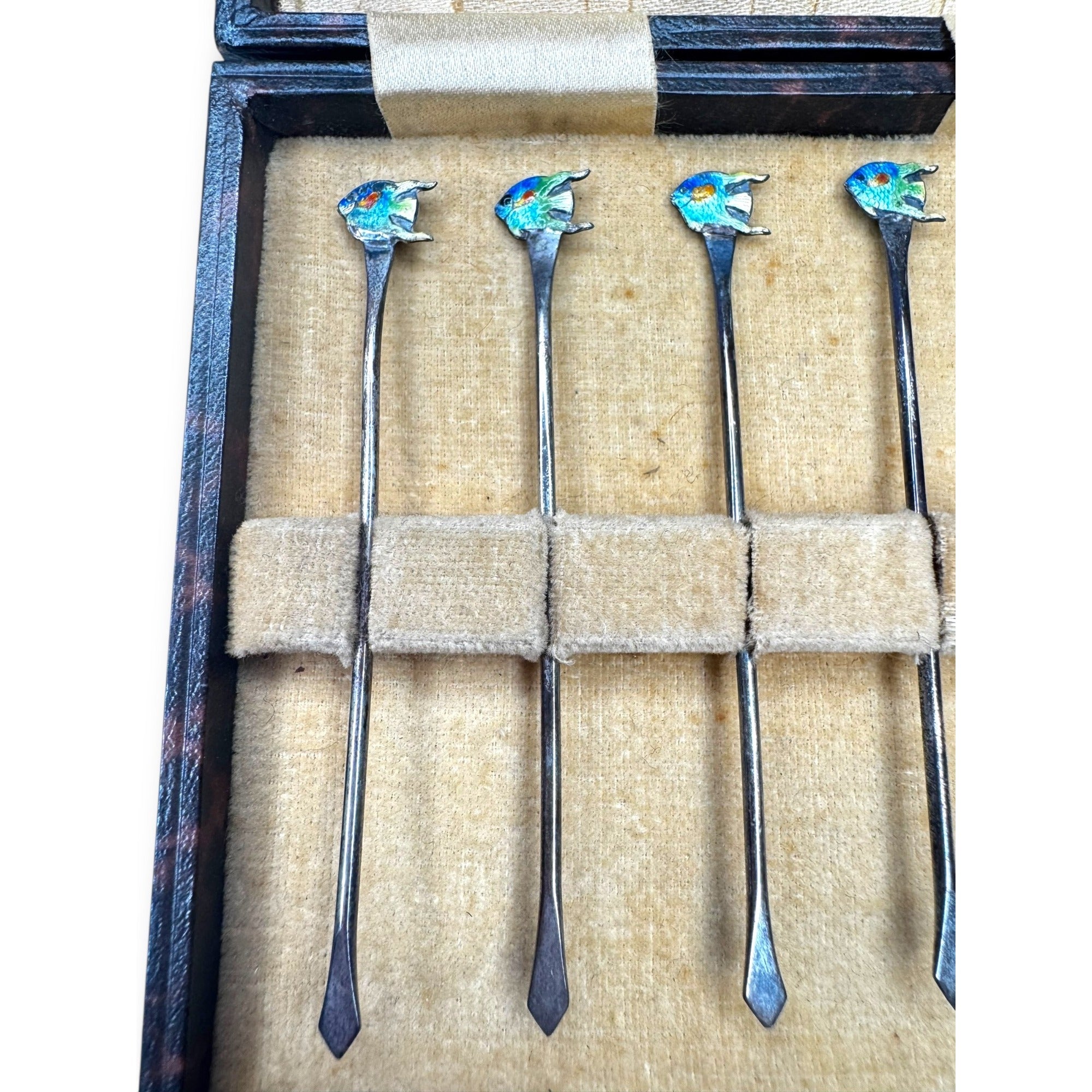 English Sterling Silver Fish Cocktail Picks Set of 6 Boxed Birmingham Lion