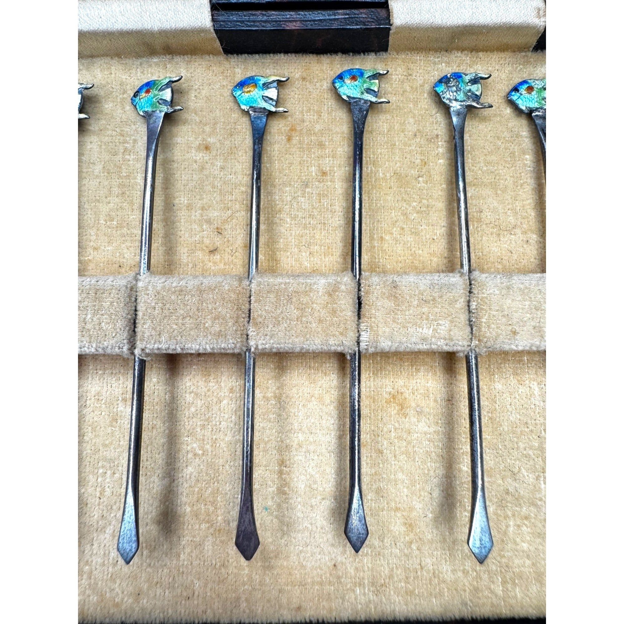 English Sterling Silver Fish Cocktail Picks Set of 6 Boxed Birmingham Lion