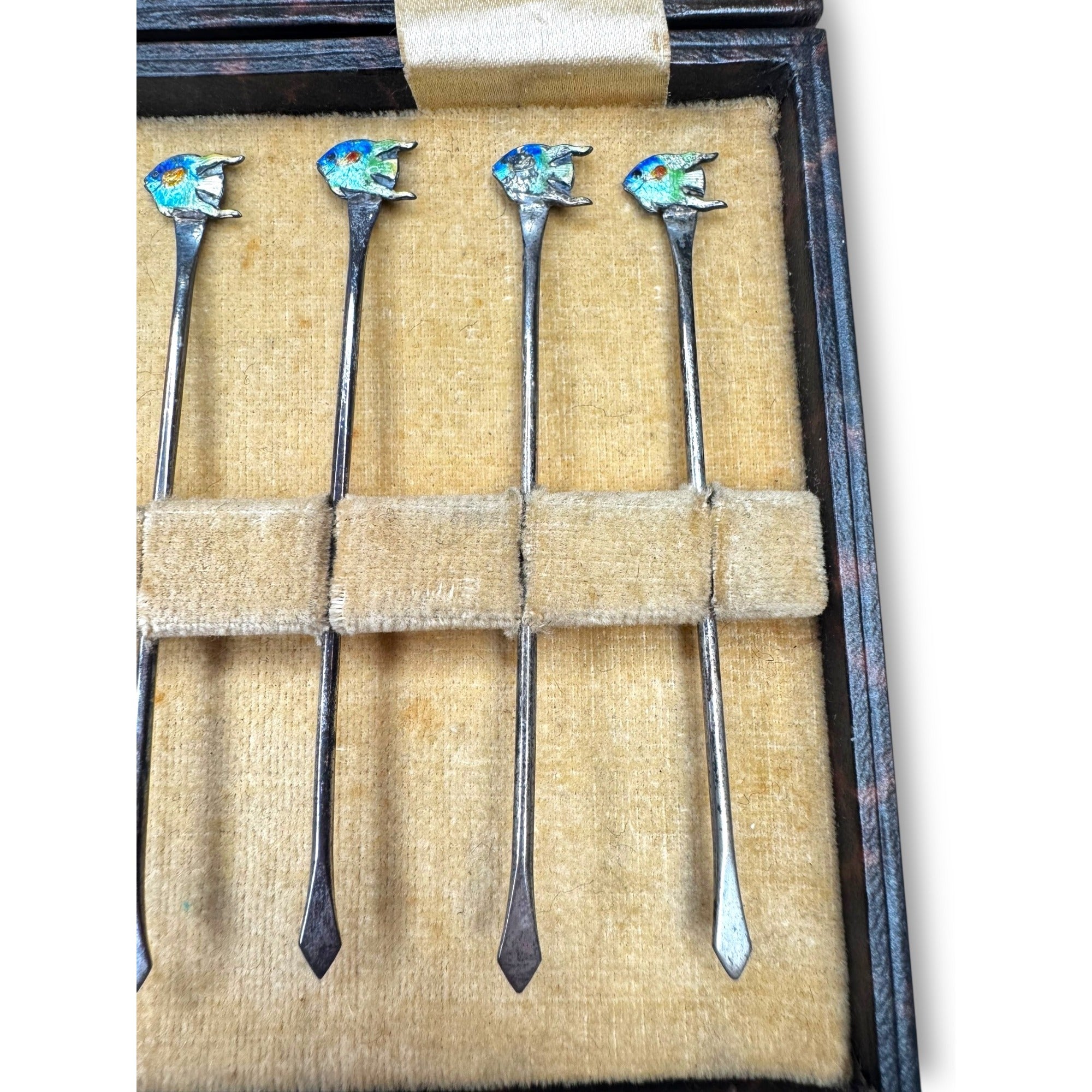 English Sterling Silver Fish Cocktail Picks Set of 6 Boxed Birmingham Lion