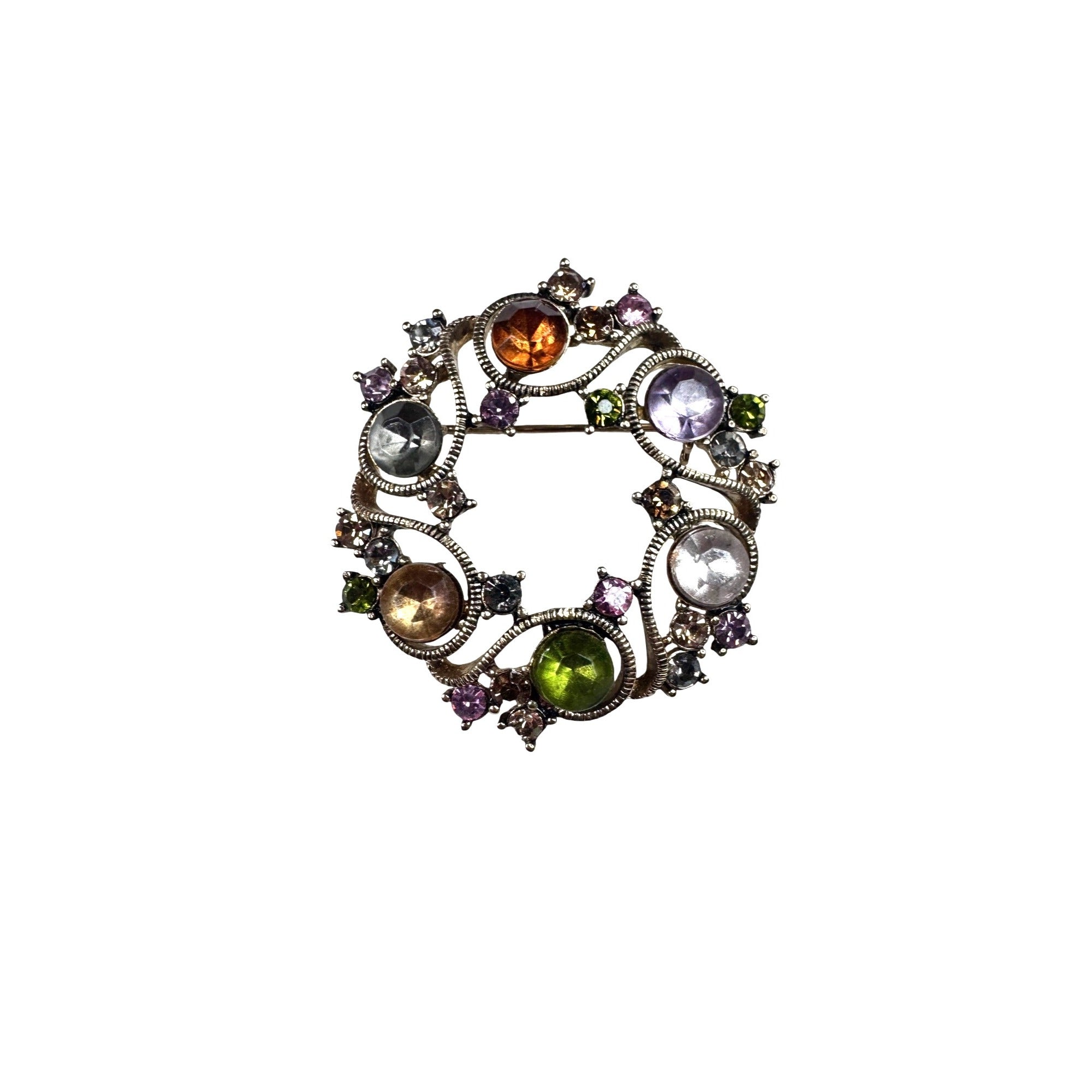 Monet Wreath Brooch Gold Multicolor Acrylic Crystal 1960s Vintage