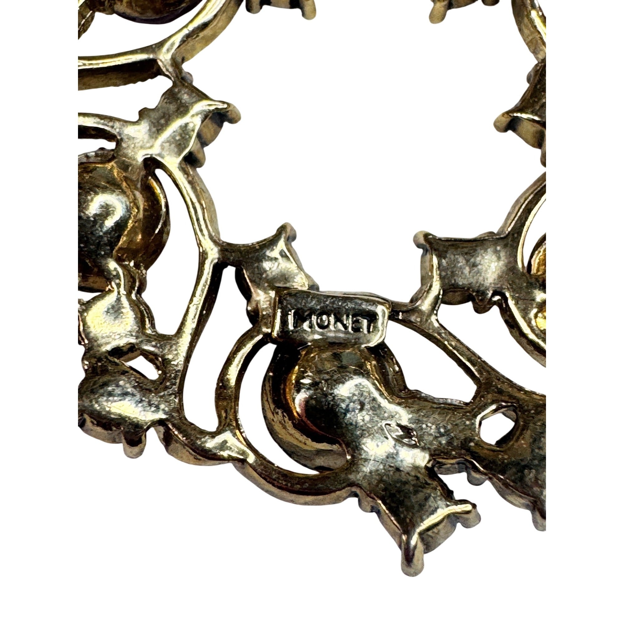 Monet Wreath Brooch Gold Multicolor Acrylic Crystal 1960s Vintage