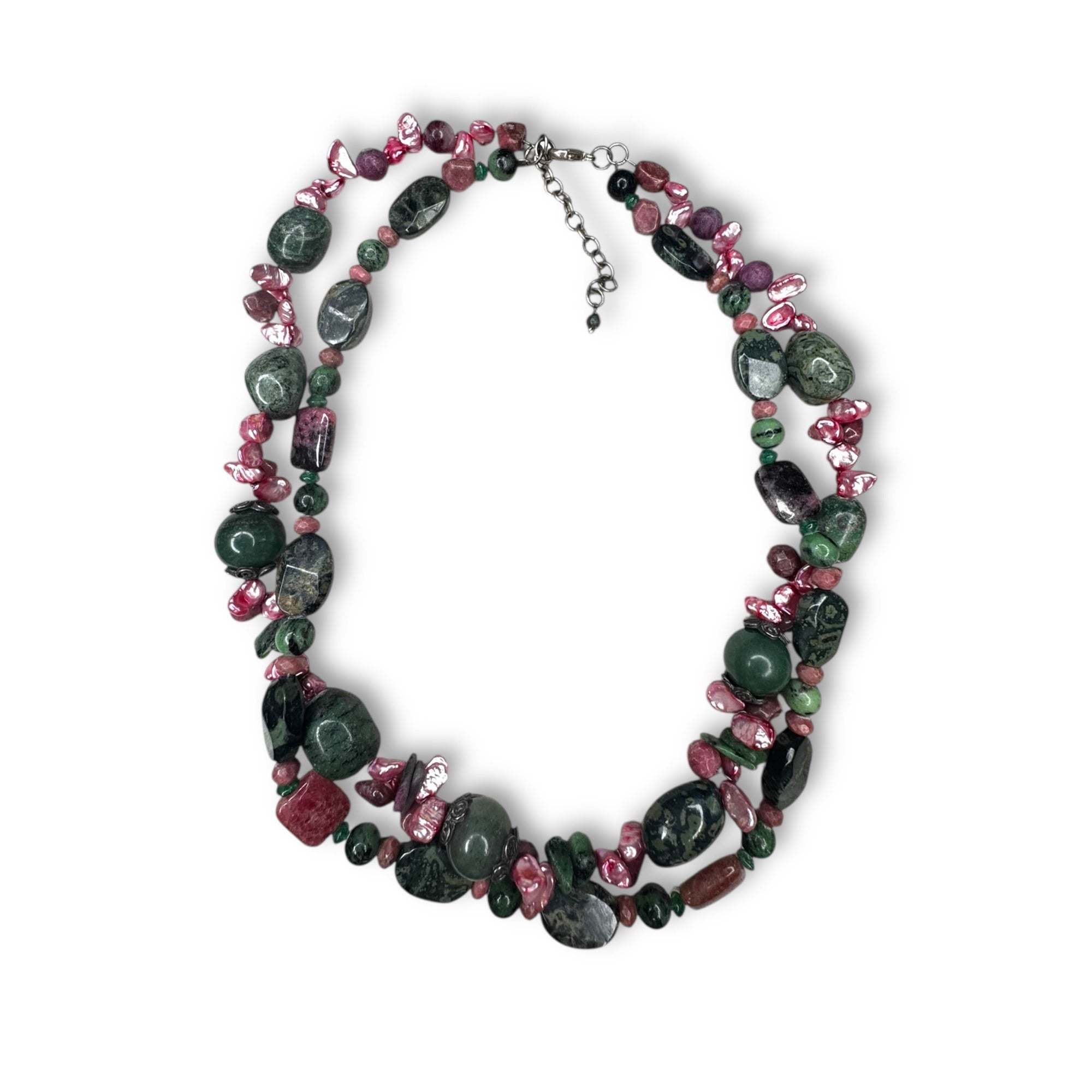 Sterling Silver Multi Gemstone Necklace Emerald Ruby Jasper Pearl 18 Inch